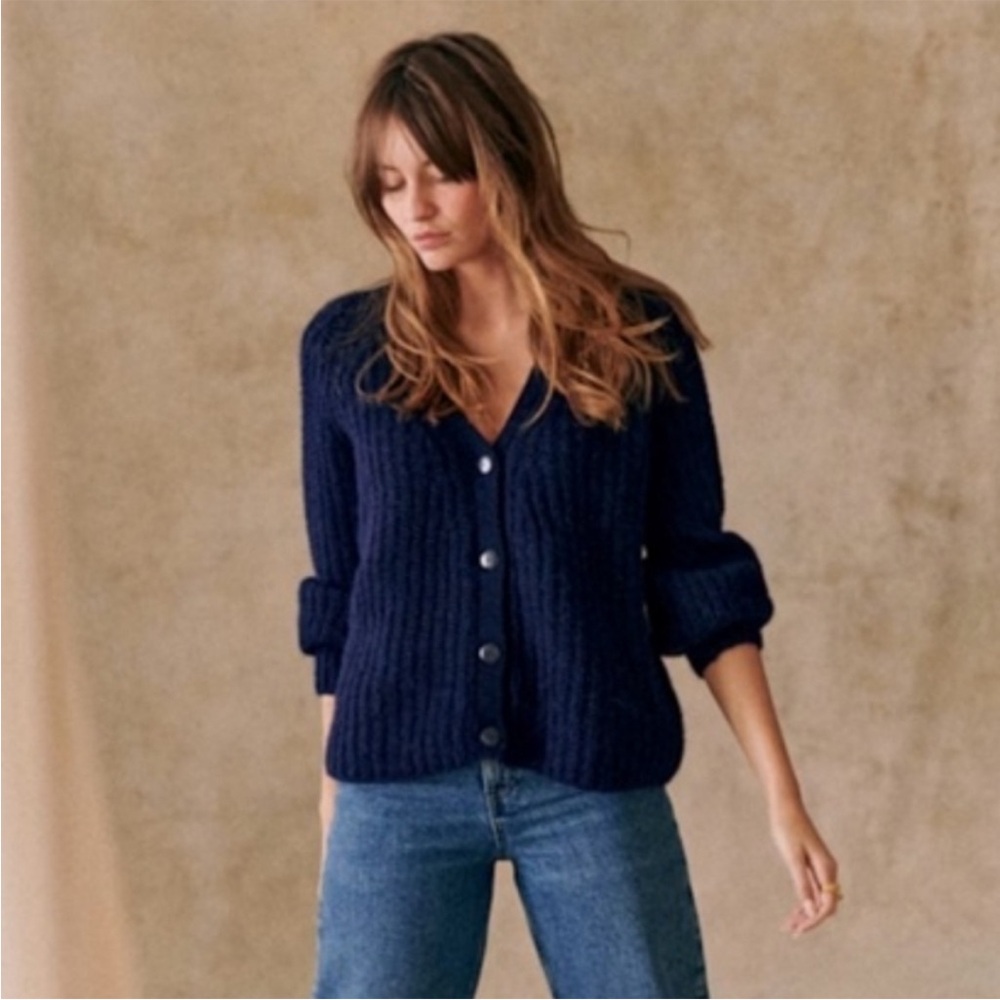Sezane Navy Basile Ribbed V-Neck Button Cardigan